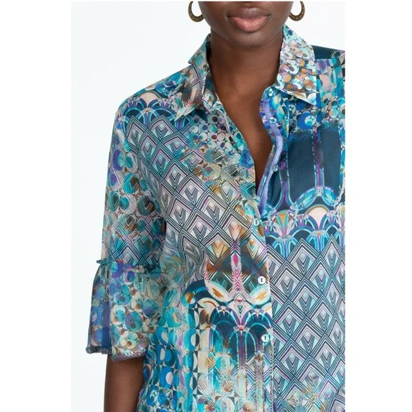 Johnny Was Workshop Klodi Ruffle Sleeve Blouse Sz 3X Blue Boho Print Cotton Top - Picture 5 of 10